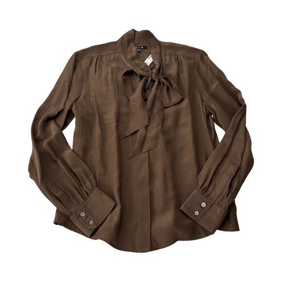 Madewell Tie Neck Long Sleeve Blouse Dark Mocha Top Size S NWT - Picture 6 of 9